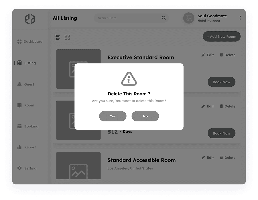 Wireframe of a delete confirmation popup in Elite Station CRM