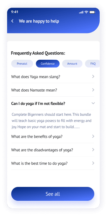 UI design of the Yogadgine app FAQ screen