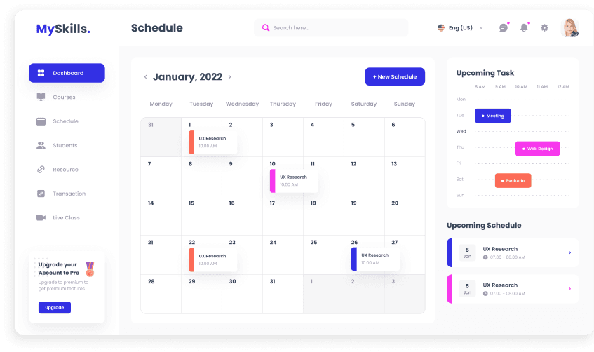 UI design of MySkills schedule page with calendar view