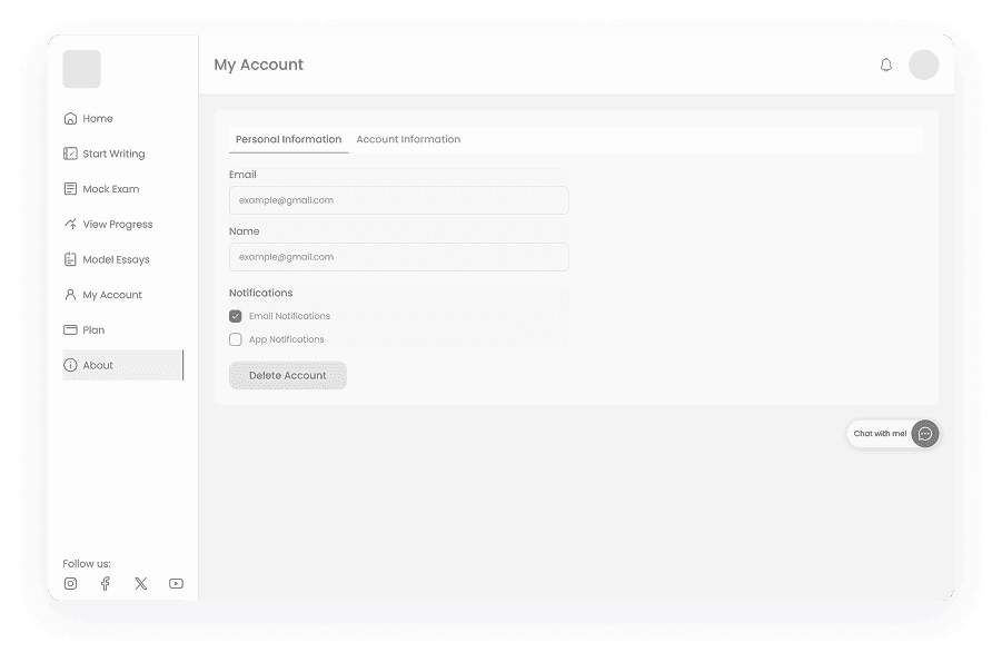 Wireframe of Writemaster account settings page