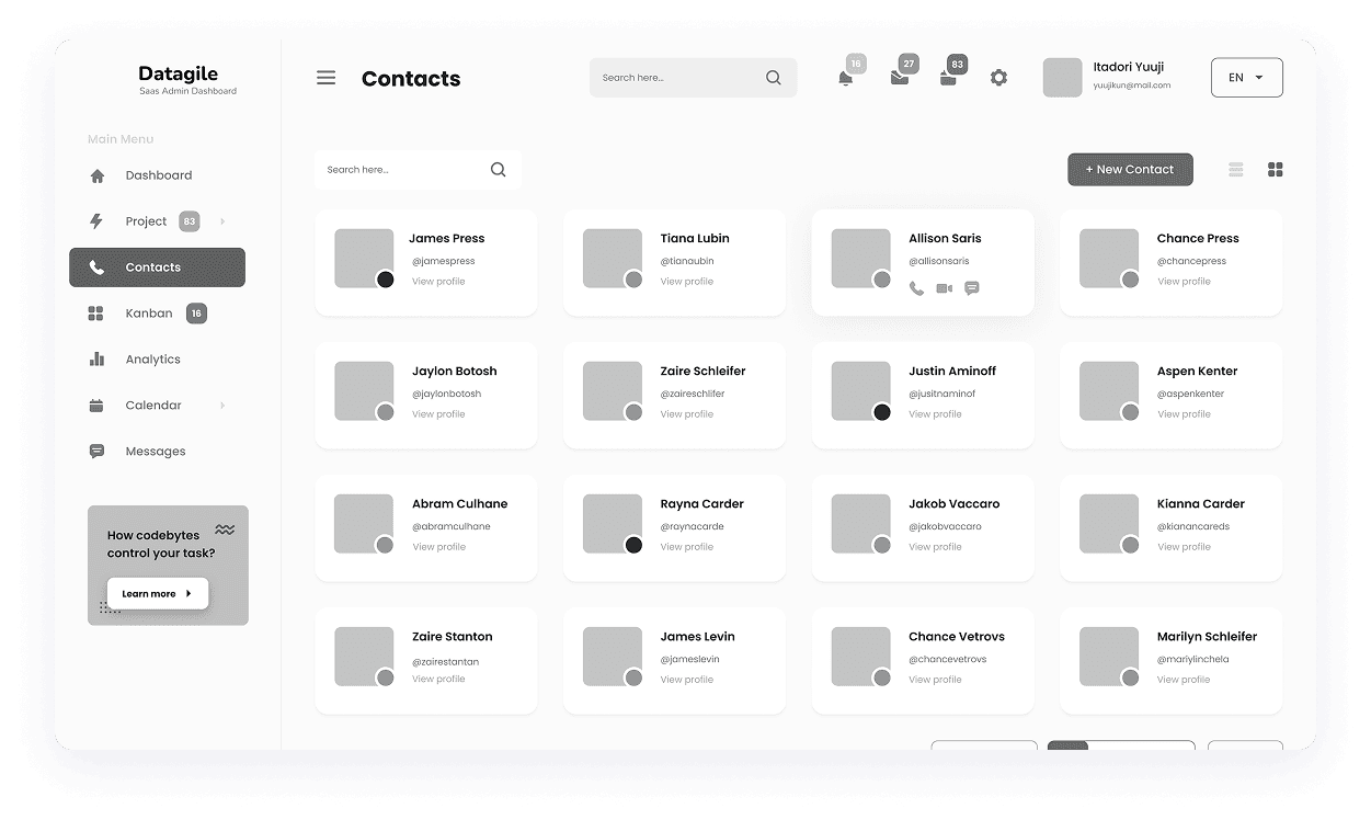 Wireframe of Datagile contacts screen