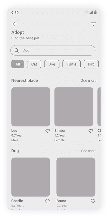MyPet app adoption screen wireframe