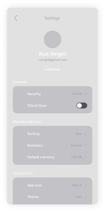 Settings screen wireframe of TrackEasy app