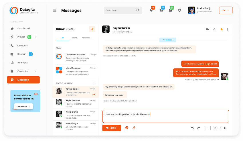 UI design of Datagile messages dashboard