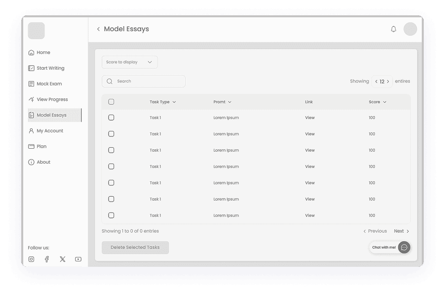 Wireframe of Writemaster model essays management screen