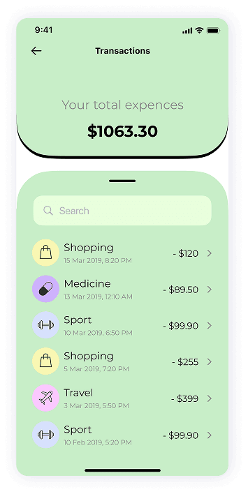 UI design of MoneyPay transactions screen
