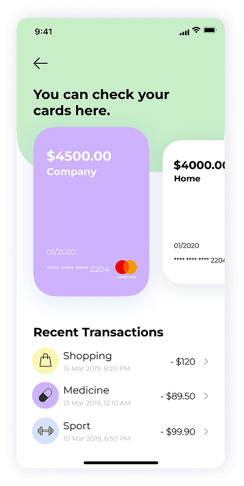 UI design of MoneyPay cards overview screen