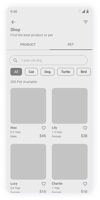 MyPet app shop screen wireframe