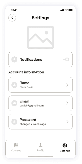 Wireframe of the EasyCoursy app-s settings screen