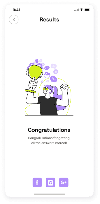 UI design of the EasyCoursy app-s quiz results screen