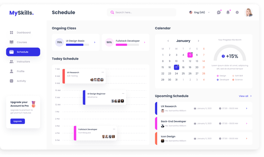 UI design of MySkills schedule dashboard