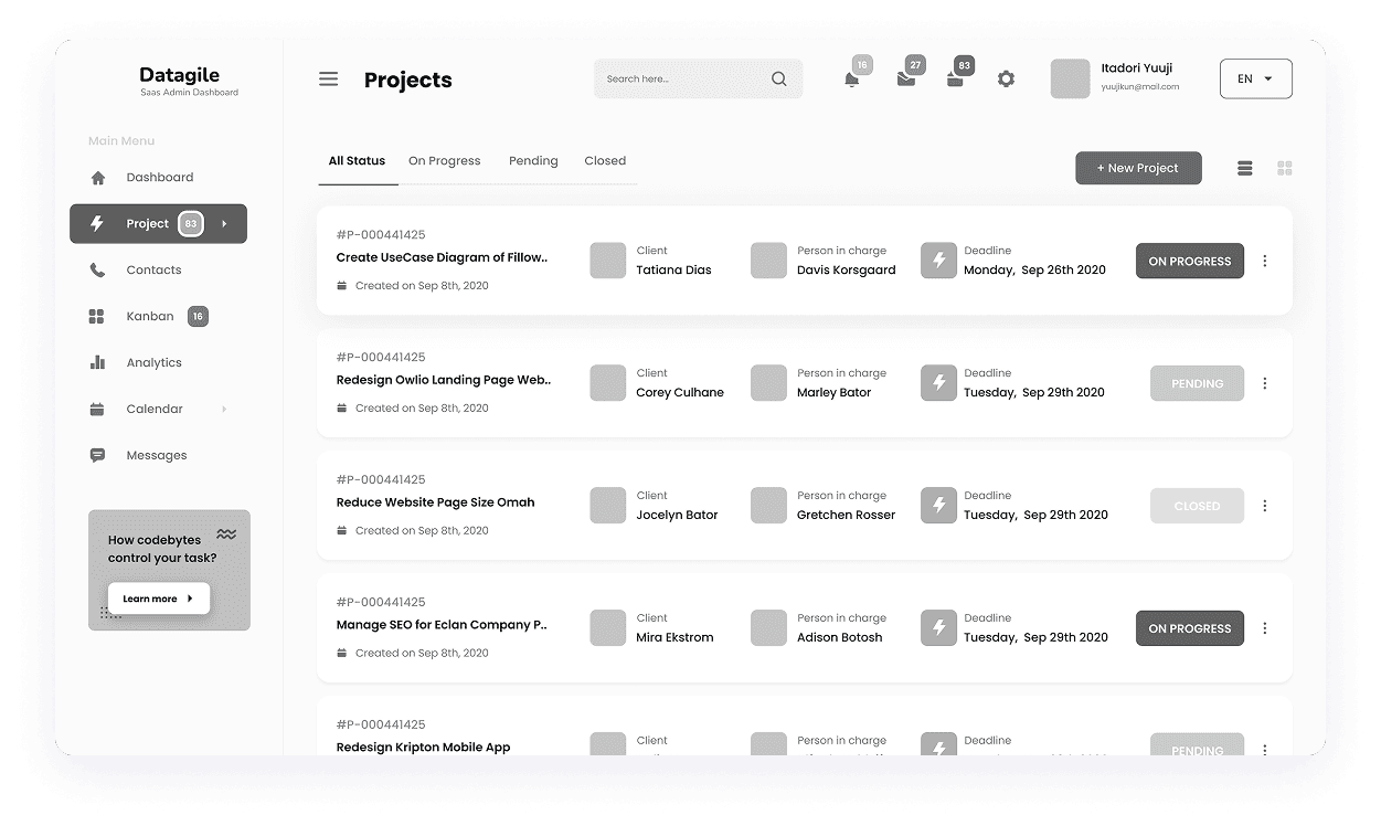Wireframe of Datagile projects dashboard