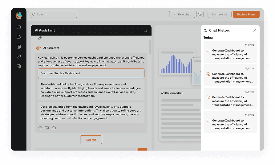 ChatBot UI design with AI Assistant query response and chat history