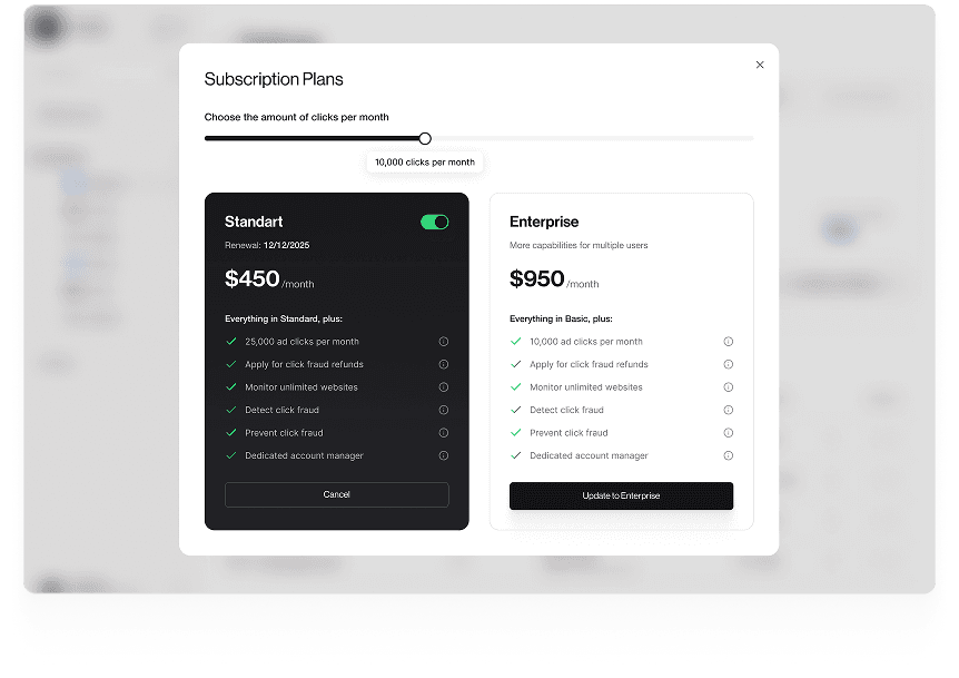 UI design of ProTraffic subscription plan selection dashboard
