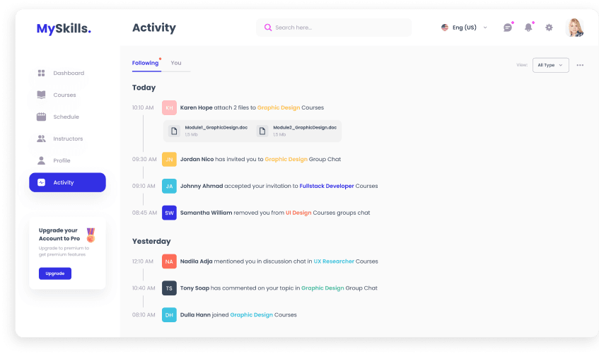 UI design of MySkills activity feed page