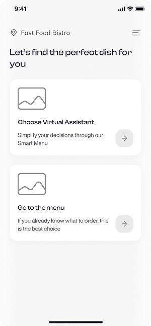 Have Meal app wireframe with Virtual Assistant and menu access