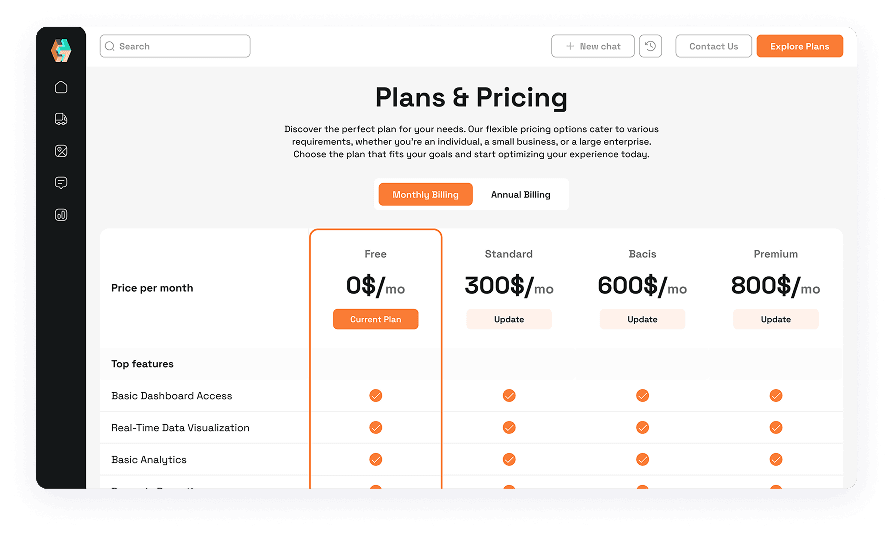 ChatBot UI design showing plans and pricing options