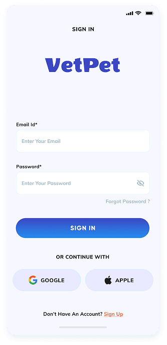 UI design of the VetPet app-s sign-in screen