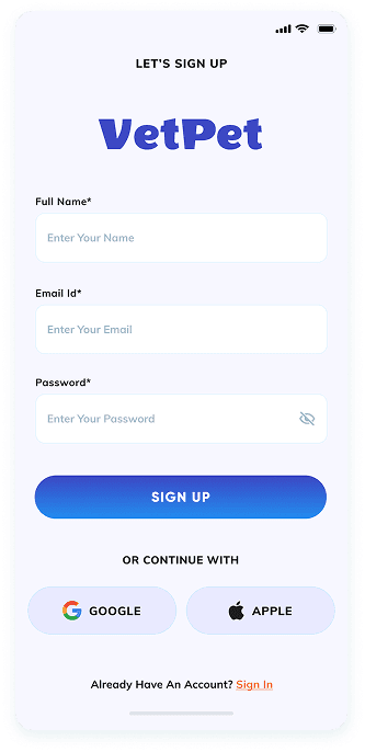 UI design of the VetPet app-s sign-up screen