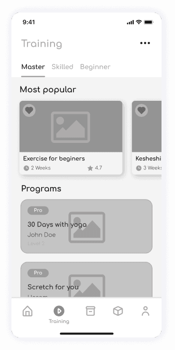 Wireframe of ShareFit app training screen