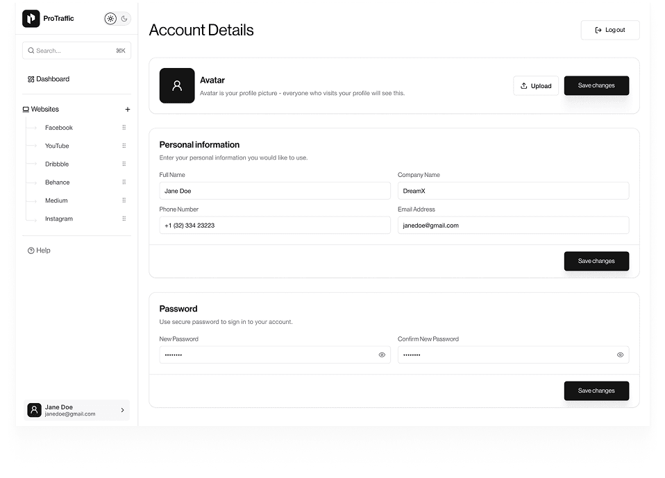 Wireframe of ProTraffic account details page