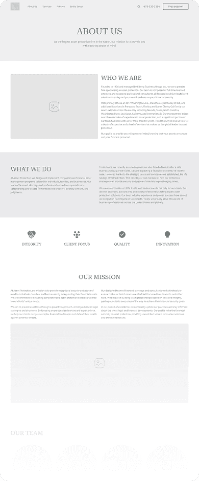 Wireframe of Asset Protection about us page