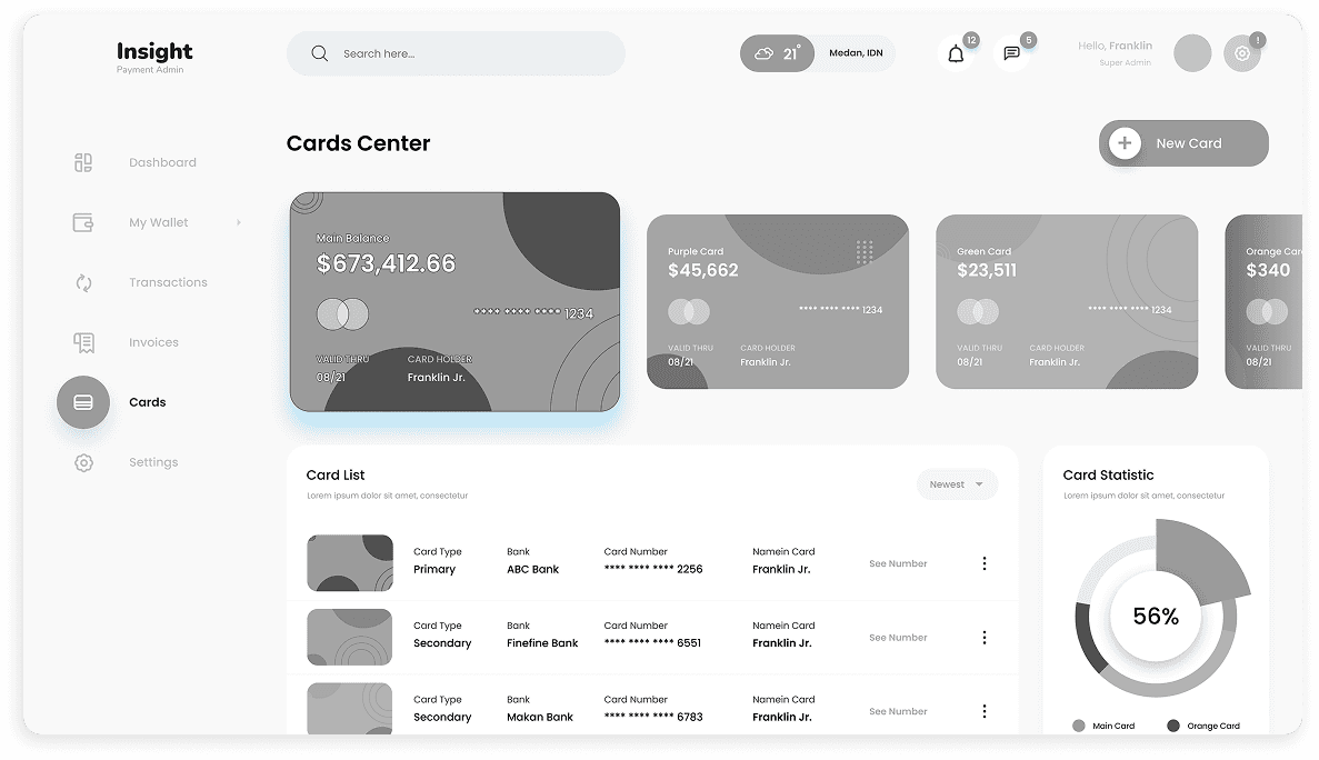 Insight CRM payment card management dashboard wireframe