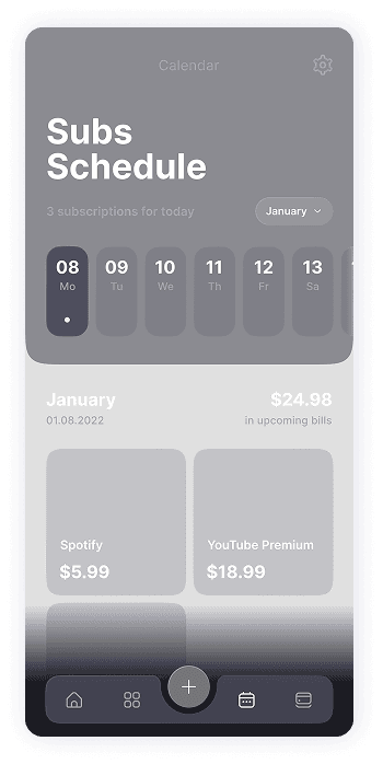 Subscription schedule screen wireframe of TrackEasy app
