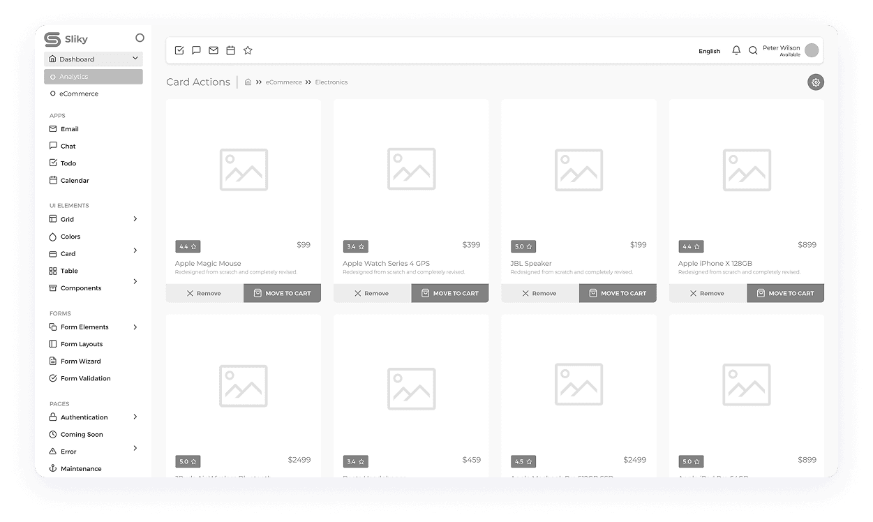 Sliky CRM card action dashboard with product categories