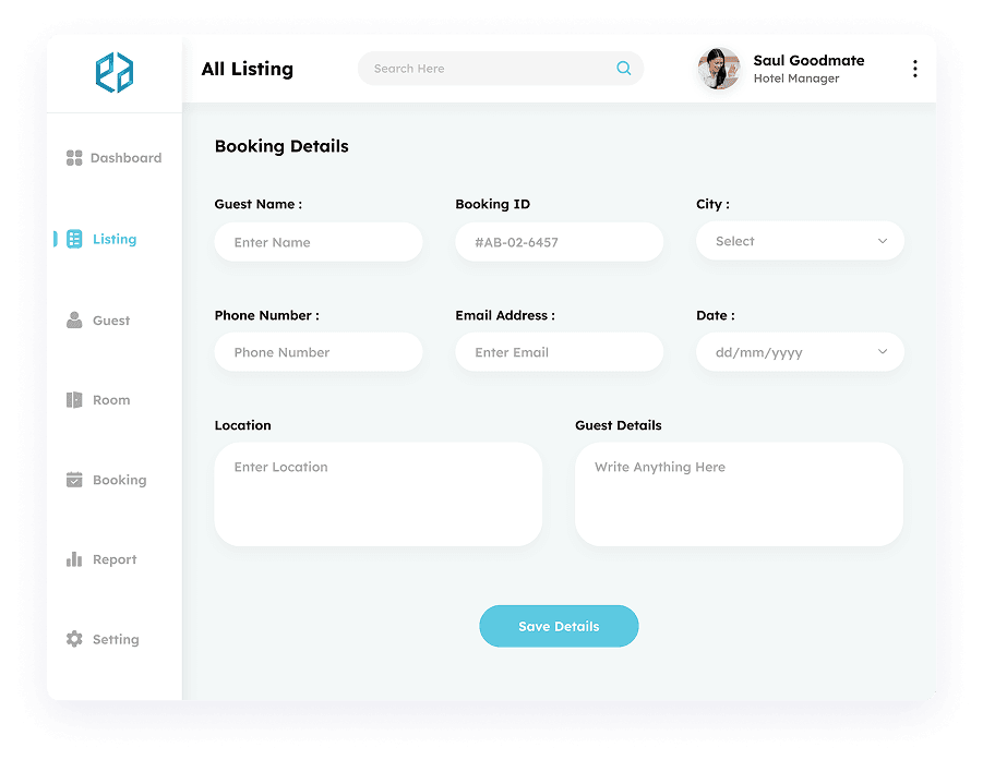 UI design of the booking details page in Elite Station CRM