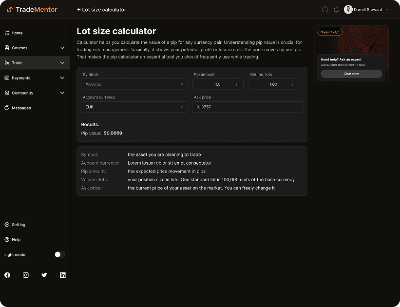 UI design of the TradeMentor lot size calculator page