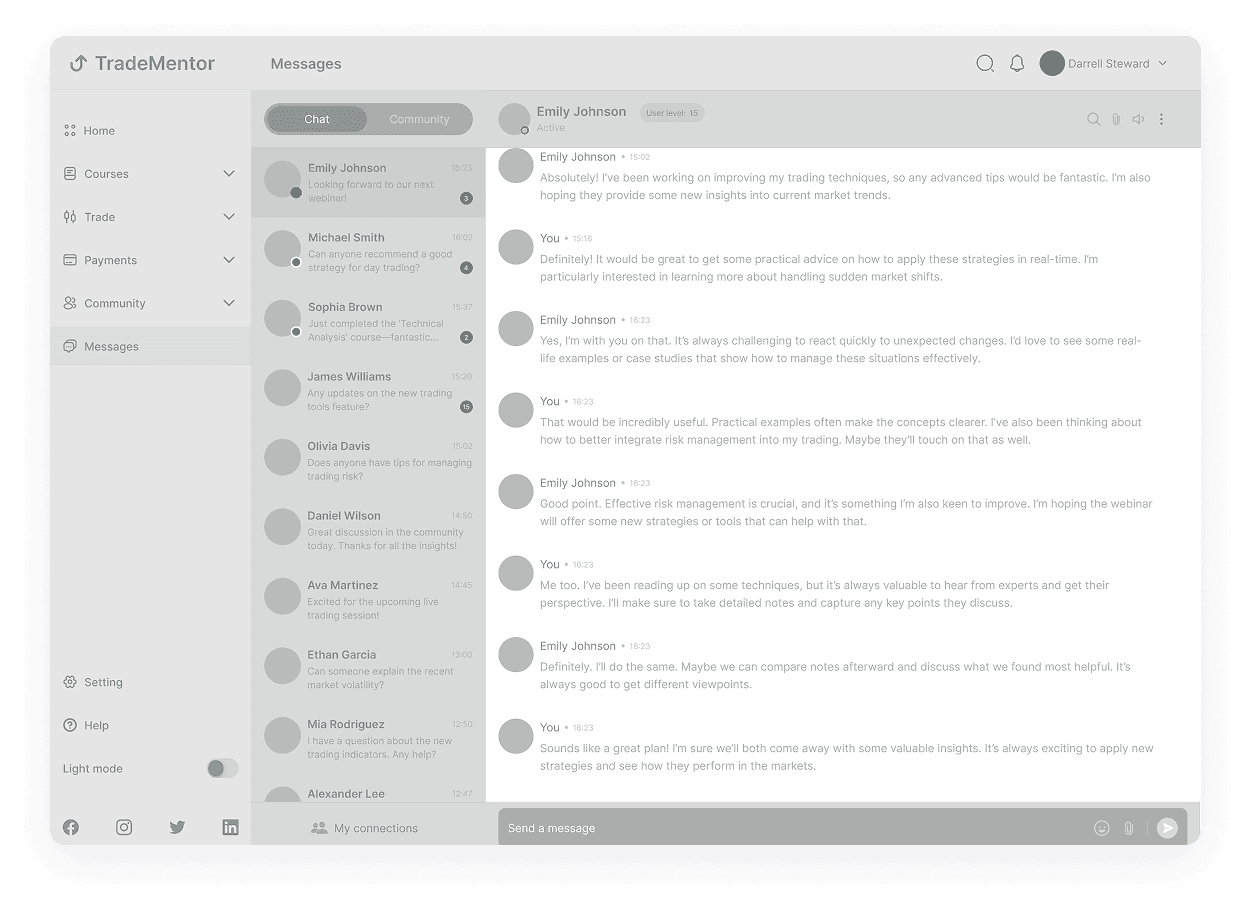 Wireframe of the TradeMentor messaging screen