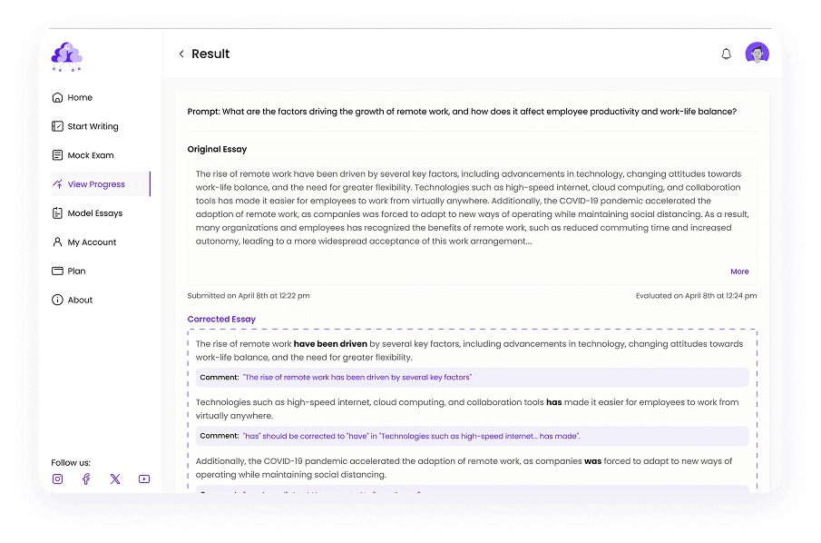 UI design of Writemaster essay result page