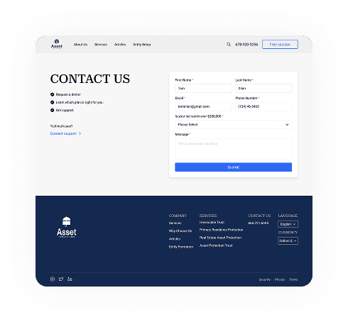 UI design of the Asset Protection contact page