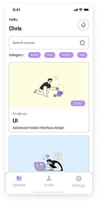 UI design of the EasyCoursy app-s course list screen