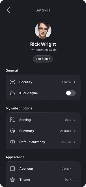 UI design of TrackEasy app-s settings screen