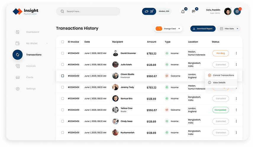 Insight CRM transaction dashboard user interface design