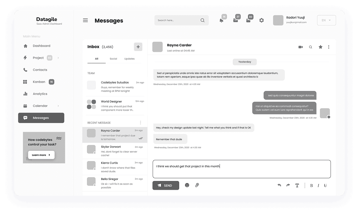 Wireframe of Datagile messages screen