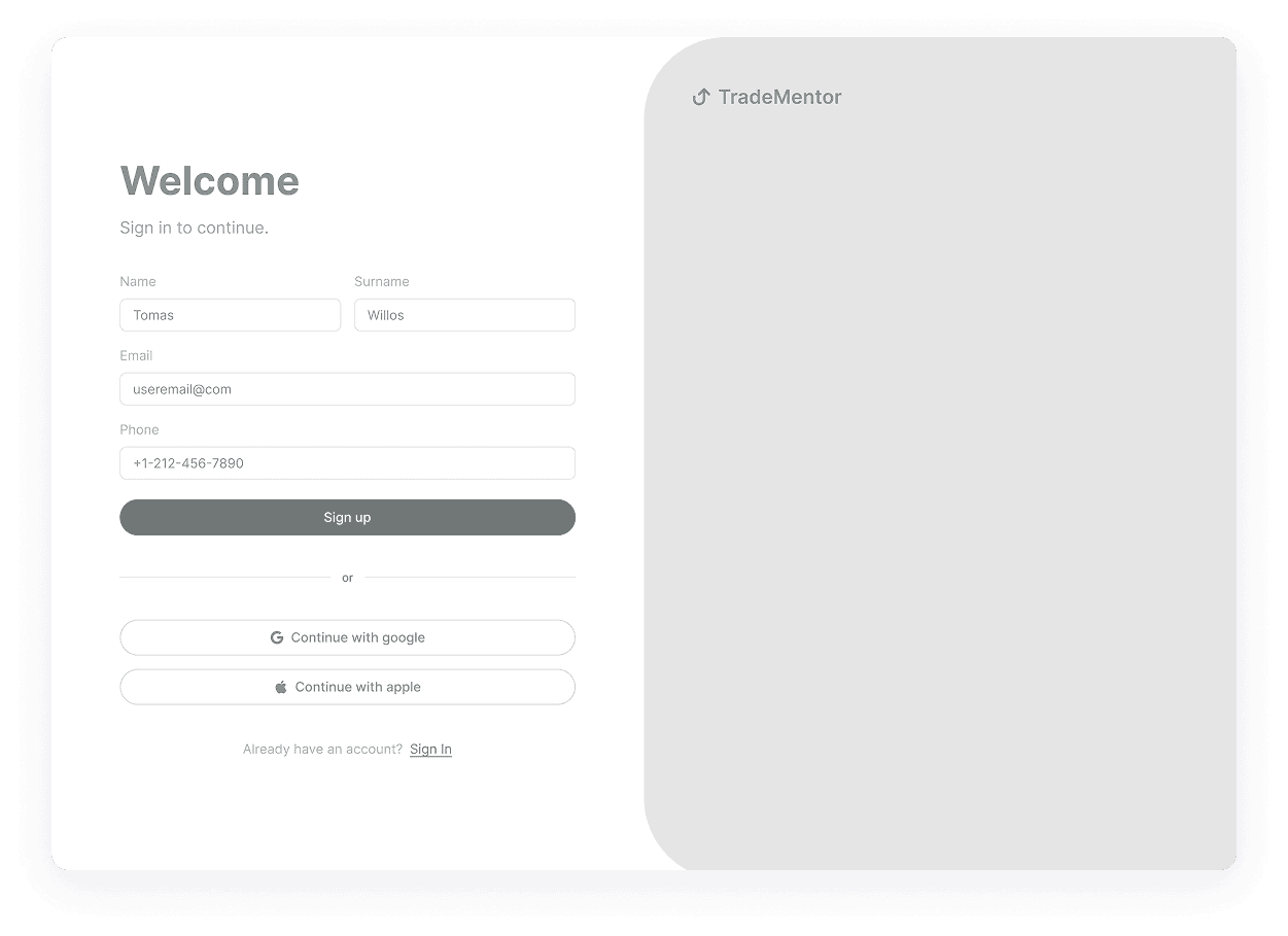 Wireframe of the TradeMentor sign up page