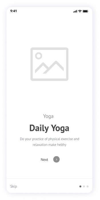 Wireframe of the Yogadgine app onboarding screen