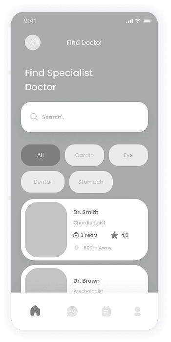 Wireframe of the E-doctor app-s doctor search screen