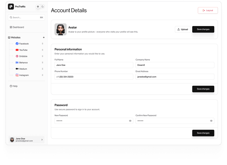UI design of ProTraffic account details dashboard