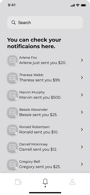 Wireframe of MoneyPay notifications screen