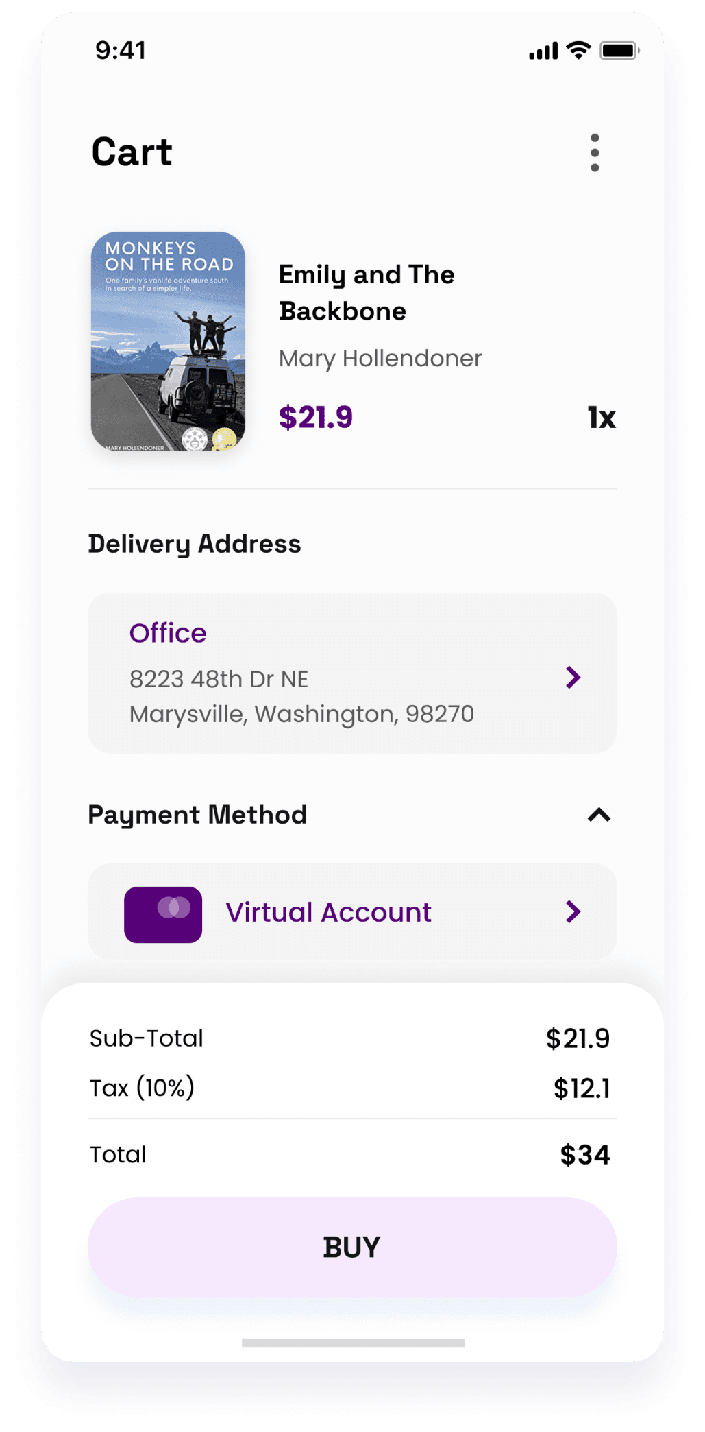 UI design of the Starbooks app displaying the cart screen