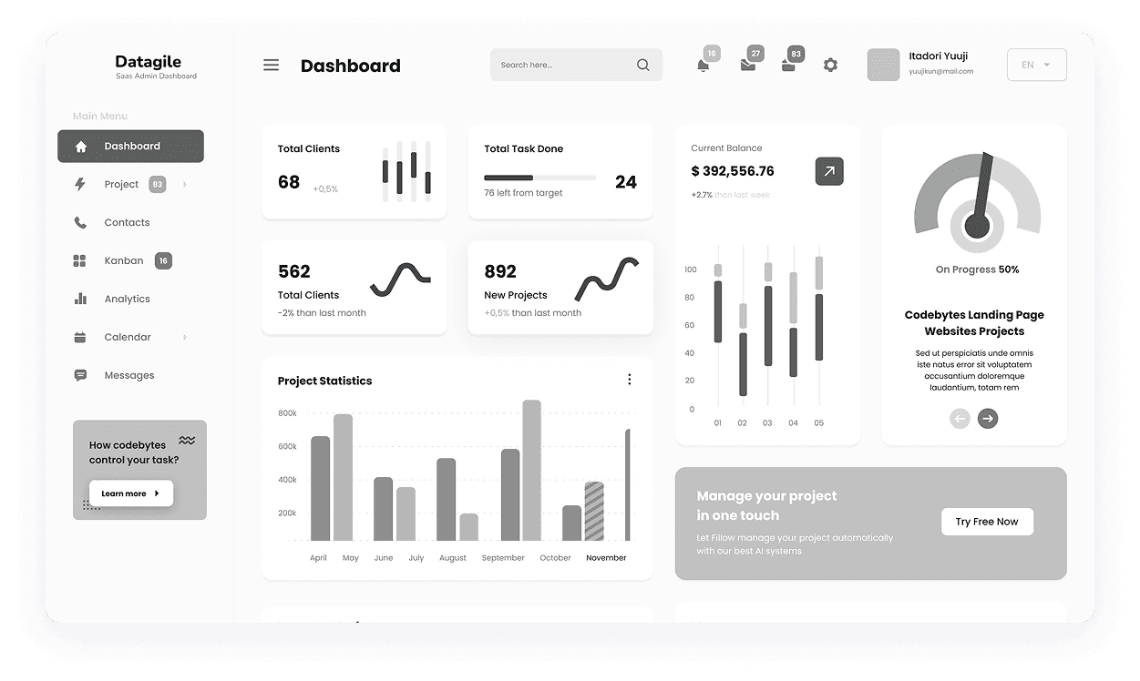 Wireframe of Datagile main dashboard