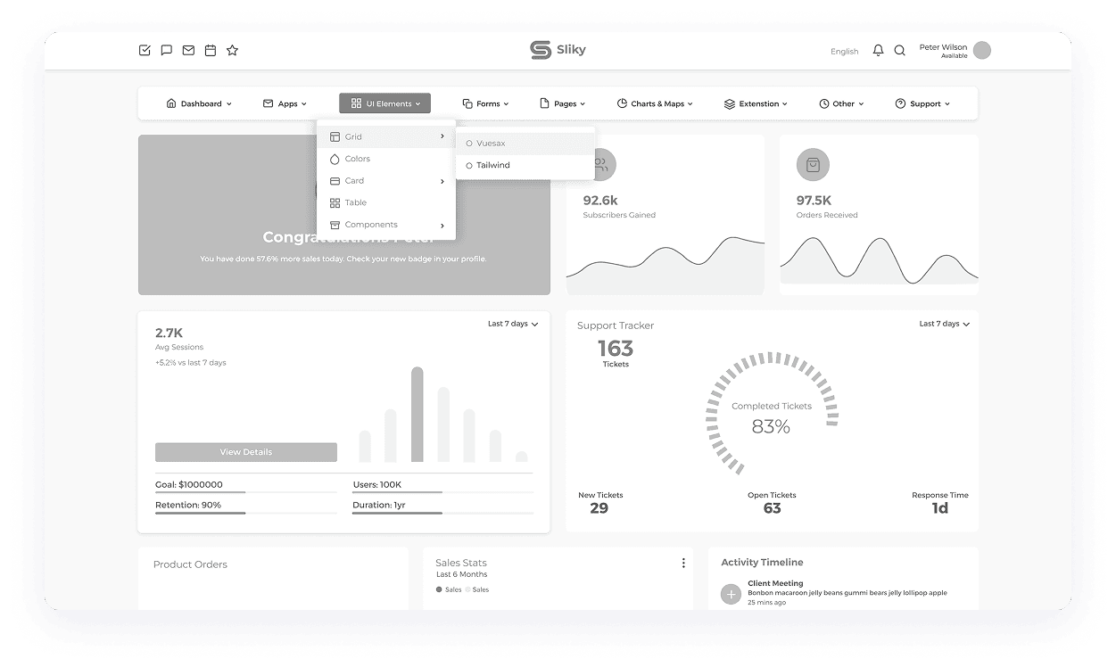 Sliky CRM admin panel wireframe customizable UI elements