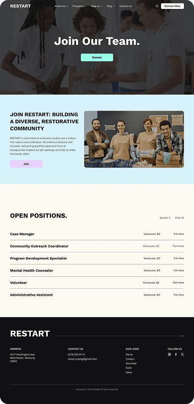 UI design of RESTART careers page