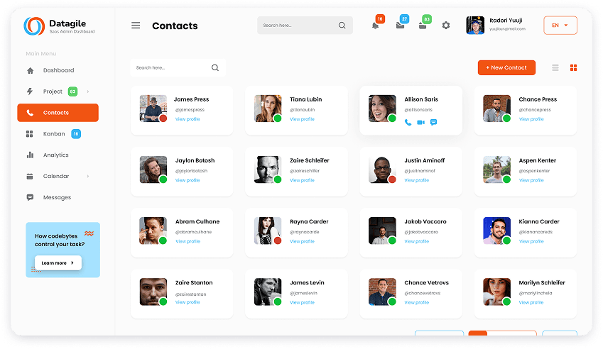 UI design of Datagile contacts dashboard