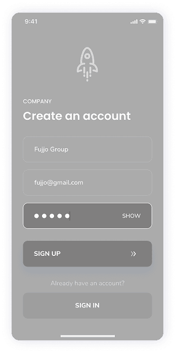 Rocket app wireframe showing the company account creation screen