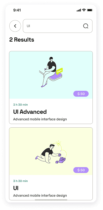 UI design of the EasyCoursy app-s search results screen